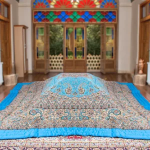 لحاف کرسی دست دوز ترمه طرح نسترن رنگ آبی