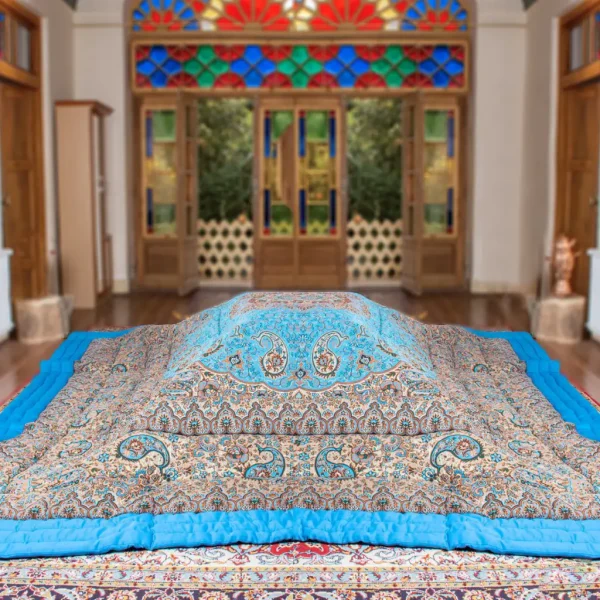 لحاف کرسی دست دوز ترمه طرح نسترن رنگ آبی