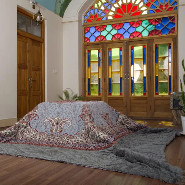 لحاف کرسی دست دوز ترمه طرح ترنج رنگ طوسی